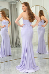 Lilac Prom Dress Mermaid Strapless Long Corset Evening Dress With Appliques