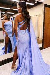 Lilac Prom Dress One Shoulder Watteau Train Long Evening Dress with Slit