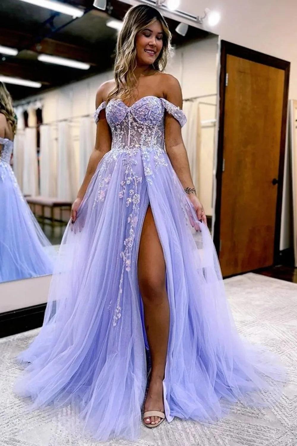 Lilac Prom Dress Sequined Corset A Line Long Evening Dress with Slit