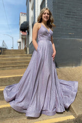 Lilac Prom Dress Spaghetti Straps Long Evening Dress with Pockets