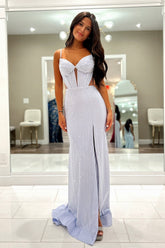 Lilac Prom Dress Spaghetti Straps Mermaid Long Evening Dress with Slit