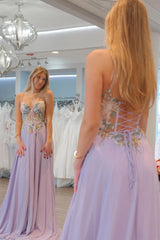 Lilac Prom Dress Sweetheart Collar Chiffon Long Evening Dress with Appliques