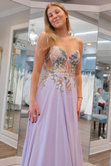 Lilac Prom Dress Sweetheart Collar Chiffon Long Evening Dress with Appliques