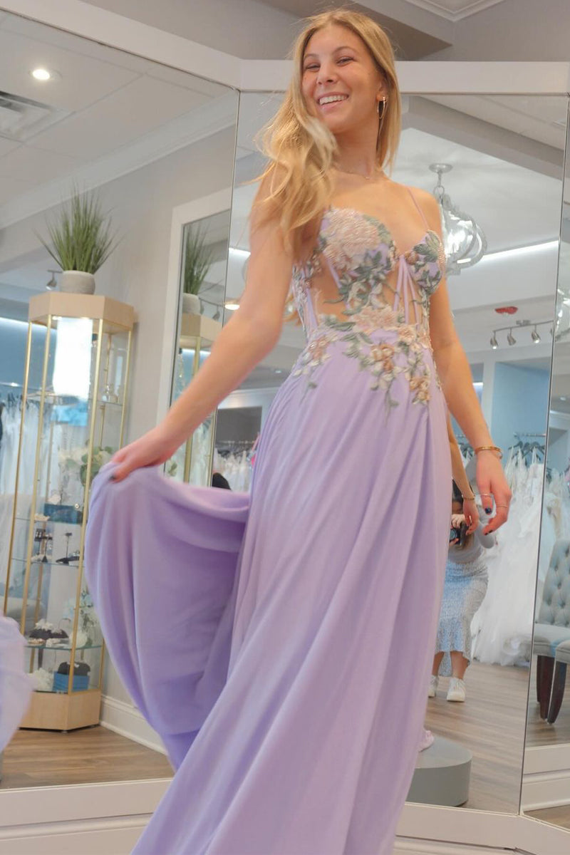 Lilac Prom Dress Sweetheart Collar Chiffon Long Evening Dress with Appliques