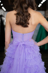 Lilac Prom Dress Sweetheart Ruffled Long Evening Dress with Slit