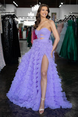 Lilac Prom Dress Sweetheart Ruffled Long Evening Dress with Slit