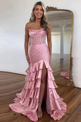 Lilac Prom Dress Tiered Mermaid Long Corset Formal Dress With Slit
