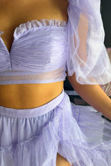 Lilac Prom Dress Two Piece Ruffled A Line Long Evening Dress with Slit