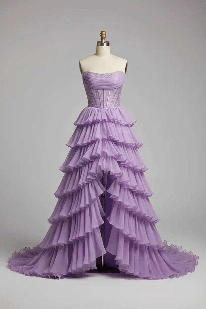Lilac Strapless Prom Dress Chiffon Beaded A Line Tiered Formal Dress