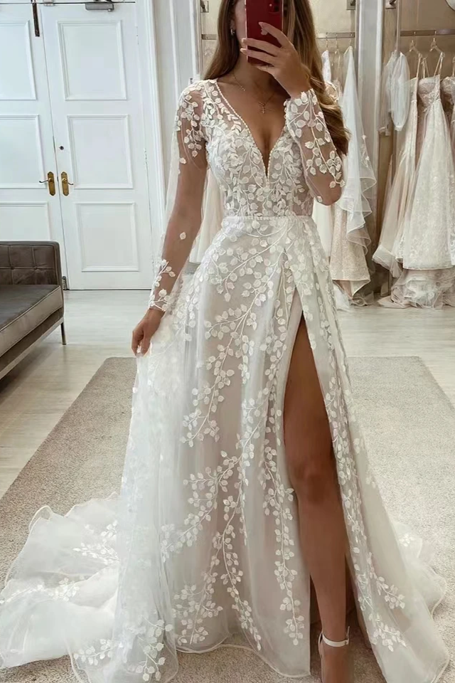 Long A Line Unique V Neck Long Sleeves Appliques Bridal Gown With Slit