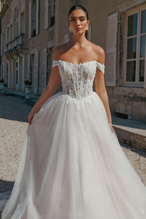 Long A Line Wedding Dress Off The Shoulder Appliques Tulle Bridal Gown
