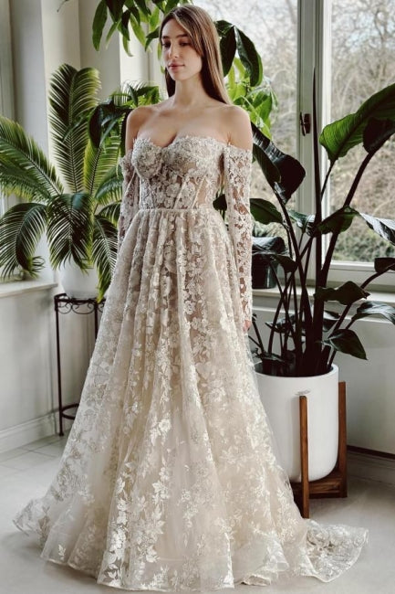 Long A Line Wedding Dress Off The Shoulder Lace Beading Bridal Gown With Long Sleeves