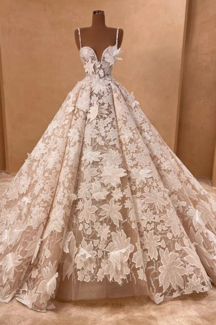 Long A Line Wedding Dress Spaghetti Straps Lace Appliques Sleeveless Bridal Gown