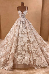 Long A Line Wedding Dress Spaghetti Straps Lace Appliques Sleeveless Bridal Gown