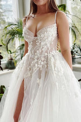 Long A Line Wedding Dress Spaghetti Straps Tulle Lace Bridal Gown With Slit