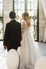 Long A Line Wedding Dress V Neck Lace Bridal Gown With Long Sleeves