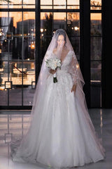 Long A Line Wedding Dress V Neck Lace Bridal Gown With Long Sleeves