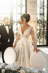 Long A Line Wedding Dress V Neck Lace Bridal Gown With Long Sleeves