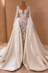 Long A Line Wedding Dress V Neck Lace Satin Long Sleeves Bridal Gown With Detachable Train
