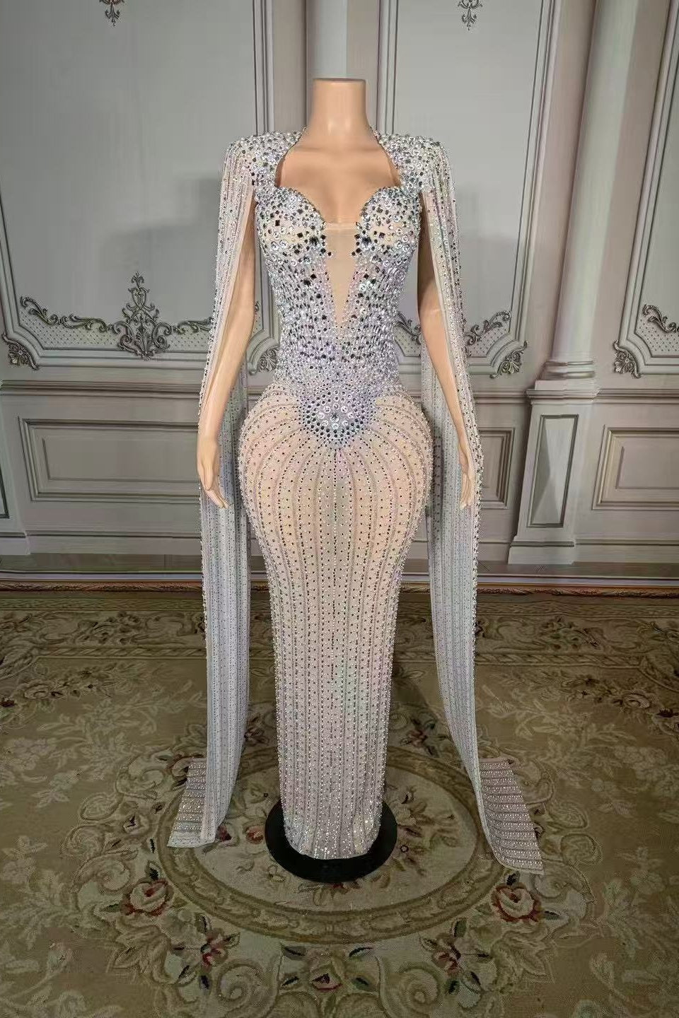 Long Beaded Mermaid Prom Dress Wateau Sleeves Formal Evening Dress