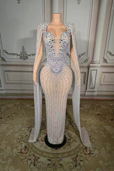 Long Beaded Mermaid Prom Dress Wateau Sleeves Formal Evening Dress