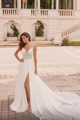 Long Ivory A Line Wedding Dress Spaghetti Straps V Neck Lace Bridal Gown With Slit