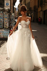 Long Ivory Wedding Dress A Line Spaghetti Straps Lace Tulle Bridal Gown