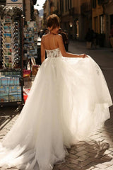 Long Ivory Wedding Dress A Line Spaghetti Straps Lace Tulle Bridal Gown
