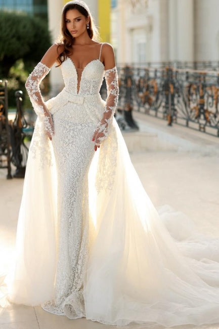 Long Ivory Wedding Dress Mermaid Spaghetti Straps V Neck Lace Bridal Gown With Detachable Train