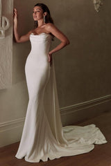 Long Ivory Wedding Dress Mermaid Strapless Satin Bridal Gown With Lace