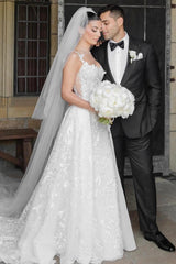 Long Ivory Wedding Dress Sleeveless Lace Bridal Gown With Detachable Train