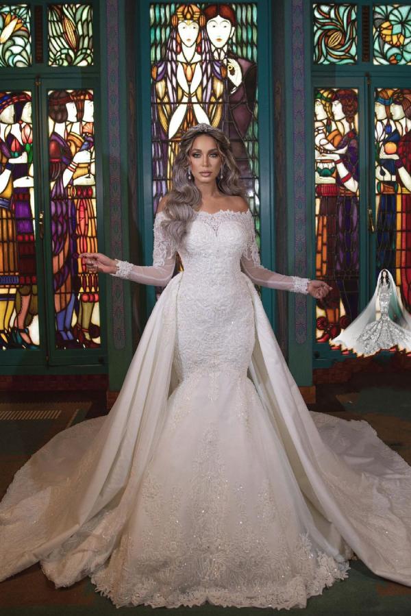Long Mermaid Off the Shoulder Detachable Sleeve Wedding Dress