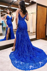 Long Mermaid Royal Blue Prom Dress V Neck Sleeveless Lace Evening Dress with Split