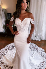 Long Mermaid Wedding Dress Off The Shoulder Lace Satin Bridal Gown