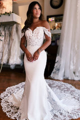 Long Mermaid Wedding Dress Off The Shoulder Lace Satin Bridal Gown