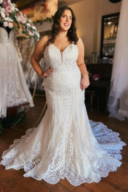 Long Mermaid Wedding Dress Spaghetti Straps Bridal Gown Lace