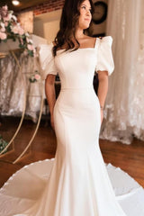 Long Mermaid Wedding Dress Square Neck Satin Backless Bridal Gown With Short Sleeves