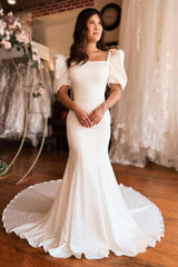 Long Mermaid Wedding Dress Square Neck Satin Backless Bridal Gown With Short Sleeves
