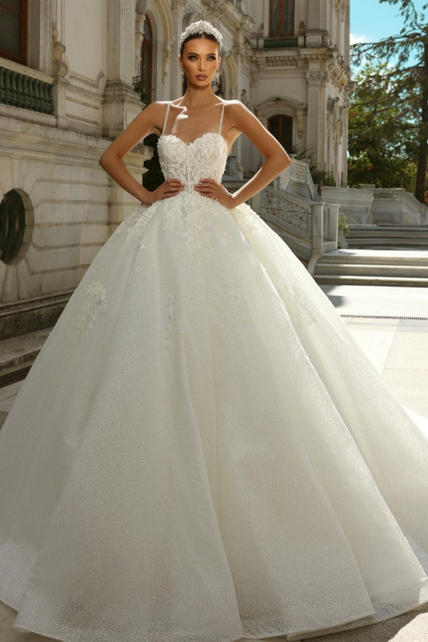 Long Princess Wedding Dress A Line Ivory Spaghetti Straps Tulle Lace Bridal Gown With Glitter