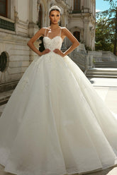Long Princess Wedding Dress A Line Ivory Spaghetti Straps Tulle Lace Bridal Gown With Glitter