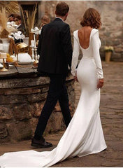 Long Sleeve Beach Wedding Dress Square Neck Satin Bridal Gown