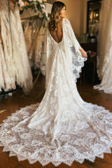 Long Sleeve Cape Lace Mermaid Beach Wedding Dress with Appliques