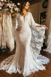 Long Sleeve Cape Lace Mermaid Beach Wedding Dress with Appliques