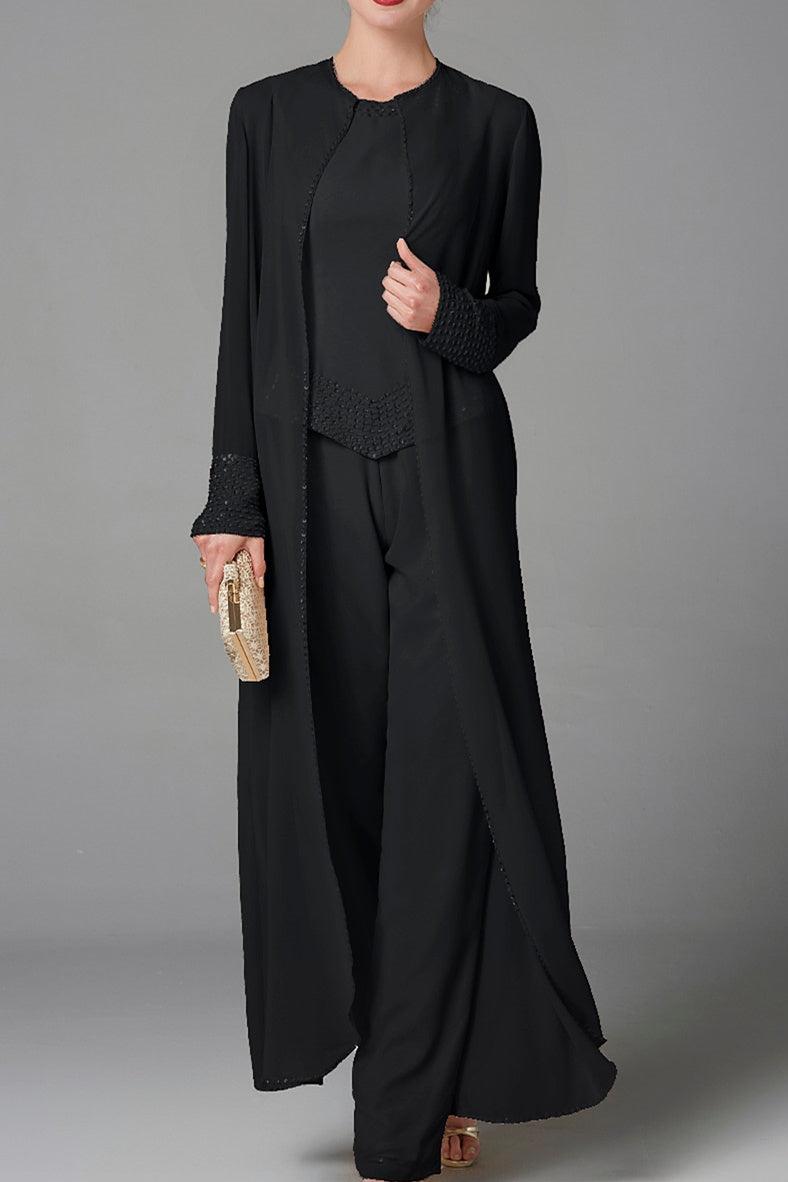 Long-Sleeve Chiffon Mother of the Bride Pantsuit with Jacket and Sequins