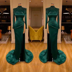 Long Sleeve Formal Dress Dark Green High Neck Beaded Evening Dress with Split