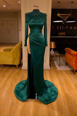 Long Sleeve Formal Dress Dark Green High Neck Beaded Evening Dress with Split