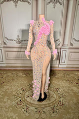 Long Sleeve High Neck Formal Dress Long Evening Party Dress with 3D Flowers