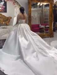 Long Sleeve Mermaid Wedding Dress Beaded Satin Stunning Bridal Gown with Detachable Train