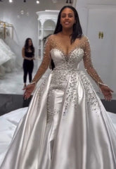Long Sleeve Mermaid Wedding Dress Beaded Satin Stunning Bridal Gown with Detachable Train