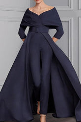 Long-Sleeve Scoop Neck Pantsuit for the Mother of the Bride Featuring a Belt